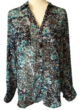 New York & Co Women's L Colorful Sheer Button Up Blouse Top w/Roll Tab Sleeves